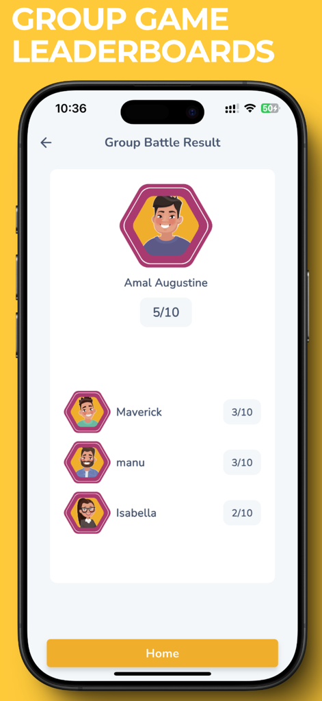 Spelling Bee Spelling Better - A group battle results screen showing a leaderboard with player names, avatars, and their spelling scores.