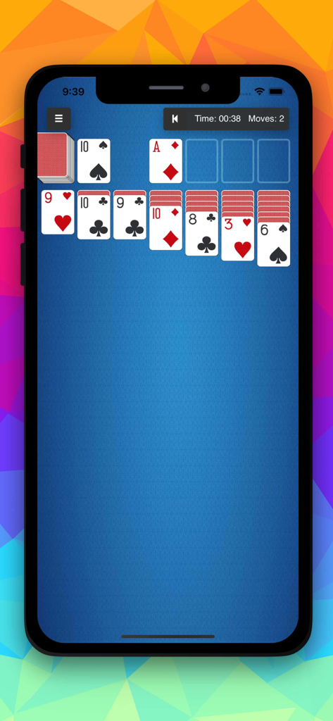 A clean mobile interface of Pure Solitaire featuring a classic Klondike card game layout on a blue background.