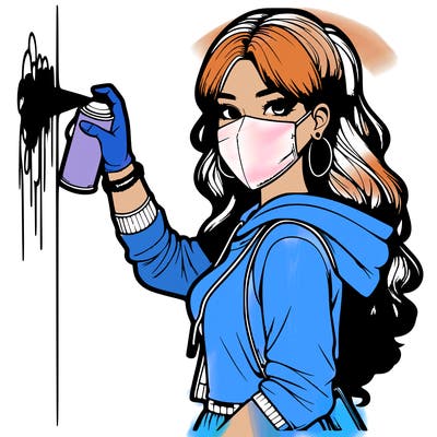 realistic girl with mask spray painting a wall