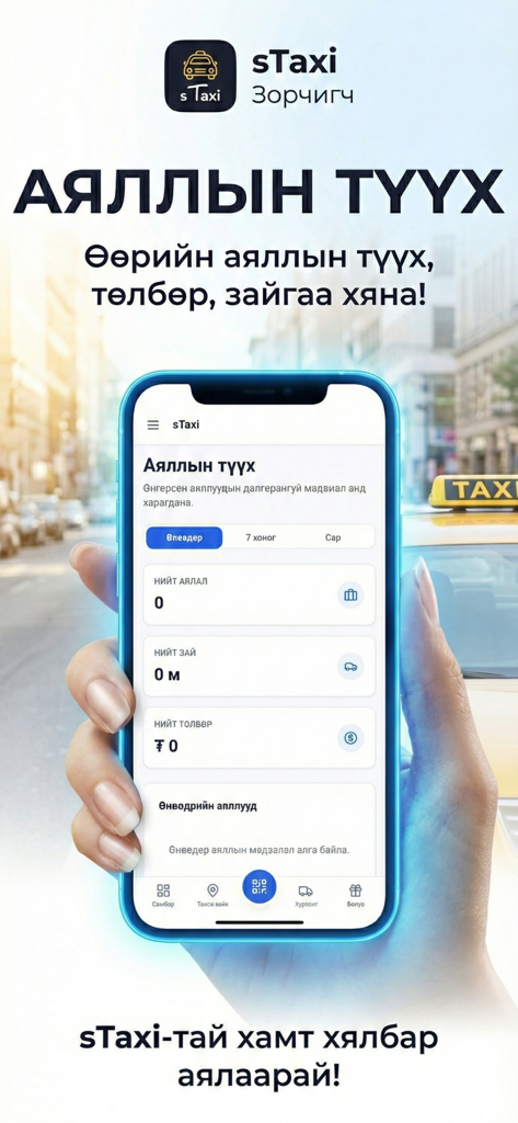 sTaxi Passener - Smartphone showing the sTaxi Passenger app trip history screen with trip statistics and payment tracking.