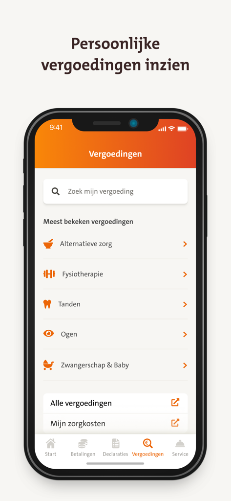 Interfaz de la aplicación móvil CZ declareren que muestra categorías de reembolso de seguro médico como fisioterapia y atención dental