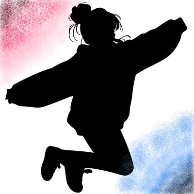 realistic girl jumping with a bun and oversized sweatshirt