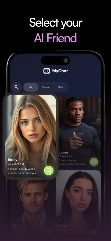 MyChar: Chat with AI Friends - MyCharアプリの「AIフレンドを選択」というタイトルのモバイルアプリ画面。名前と年齢が表示されたさまざまなリアルなAIキャラクタープロファイルが表示されています。