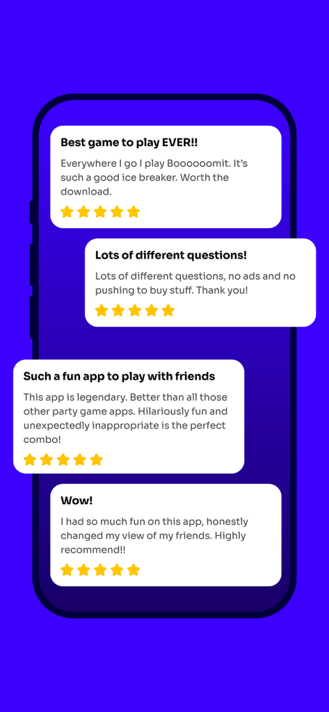 Boomit - Most Likely To - Avis et notes d'utilisateurs cinq étoiles pour l'application de jeu de société Boomit « Qui est le plus susceptible de... ».
