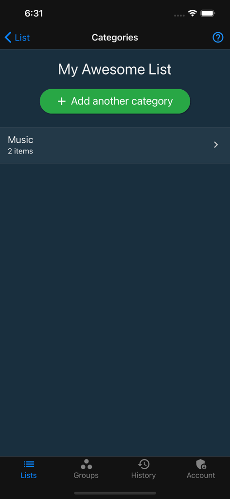 Things To Get Me - A screenshot of the Things To Get Me app showing a wishlist categories screen where users can organize gift ideas into sections like music