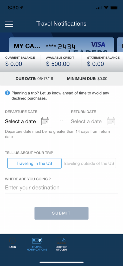 Leaders Card Controls - Travel Notifications screen in the Leaders Card Controls app showing trip details and card balance