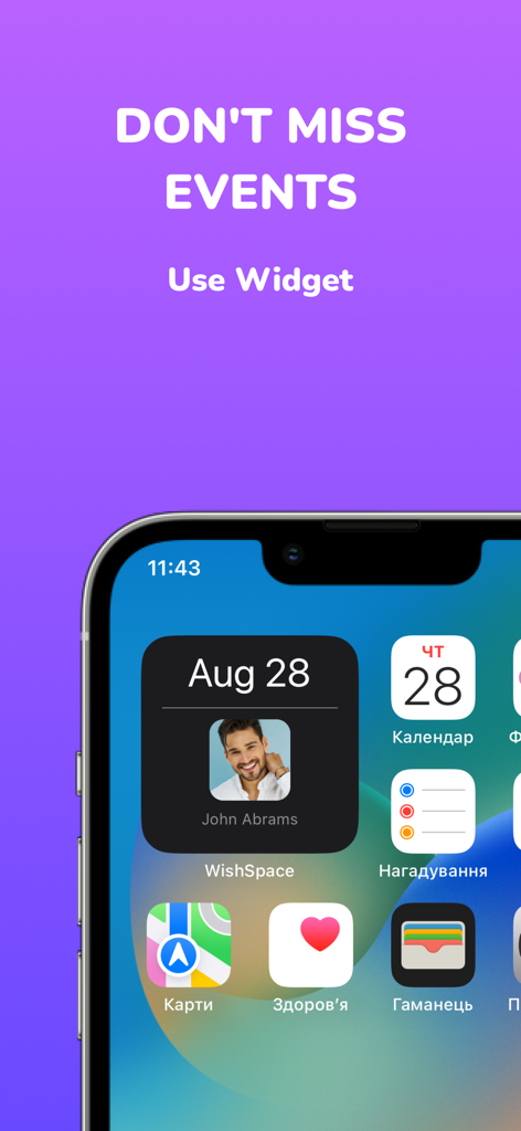 Wishlist Planner - WishSpace - iPhone home screen displaying the WishSpace app widget for event and birthday reminders.