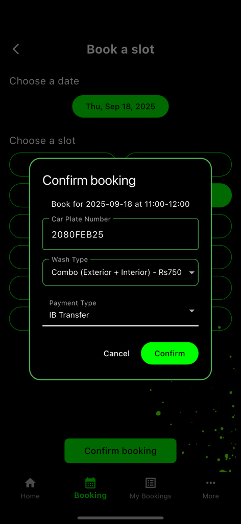 Flow Car Wash - Confirm booking screen in the Flow Car Wash app showing service details and plate number