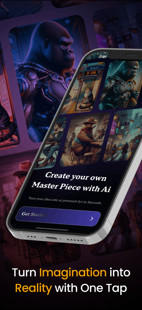 AI Image,Photo & Art Generator - AIアートジェネレーターのモバイルアプリインターフェイス。サイボーグゴリラやカウボーイベアなど、多様なクリエイティブ画像を表示