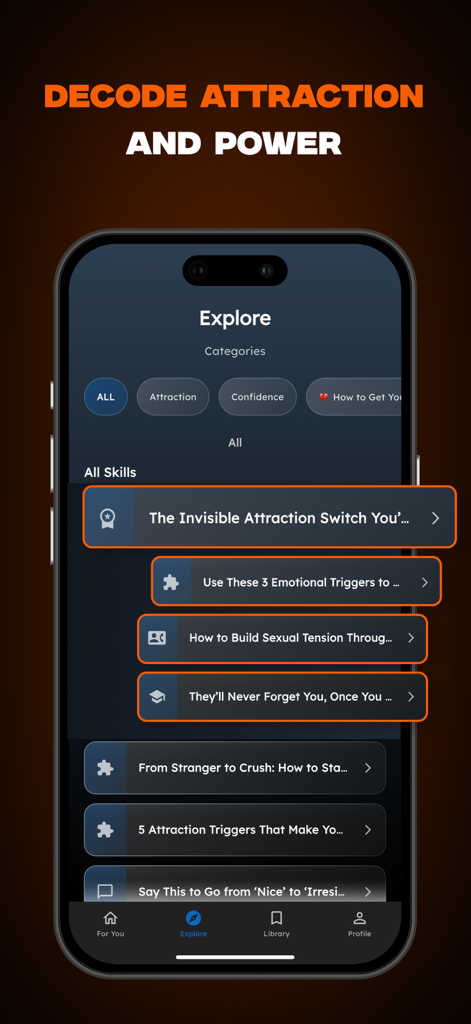 PrimeSelf: Love Psychology - PrimeSelf App 'Entdecken'-Bildschirm zeigt Lektionen über Anziehung und Beziehungspsychologie