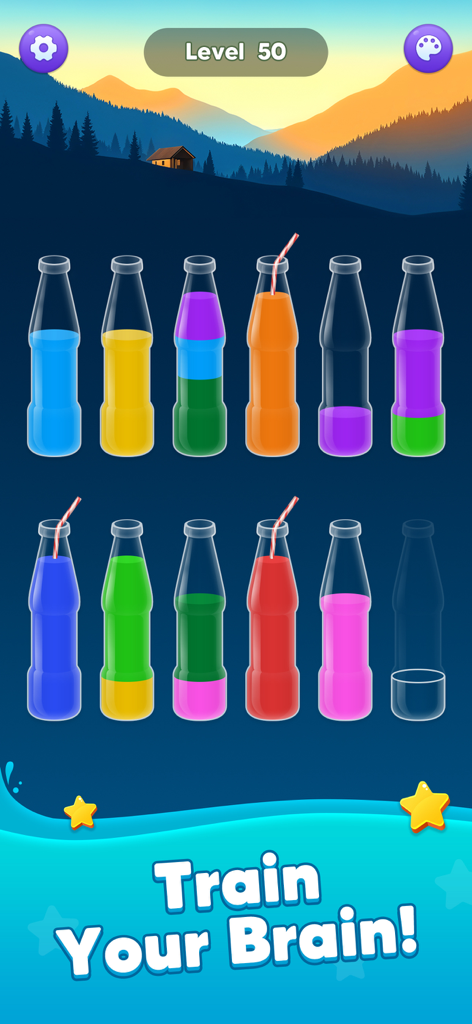 Mobile game interface of Water Sort Master showing glass bottles with various colored liquids for sorting puzzles