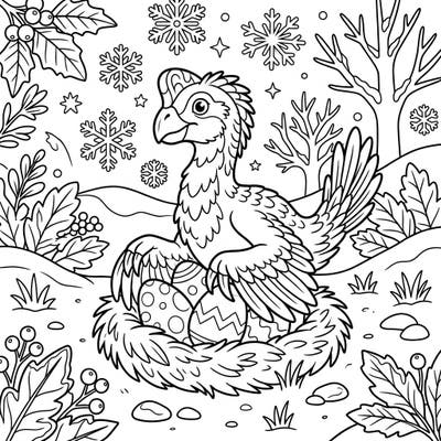 Embark on a tranquil coloring journey with this charming Oviraptor nestled in a peaceful winter wonderland. Designed with clear lines and large details, it's perfect for seniors seeking a relaxing and engaging activity.