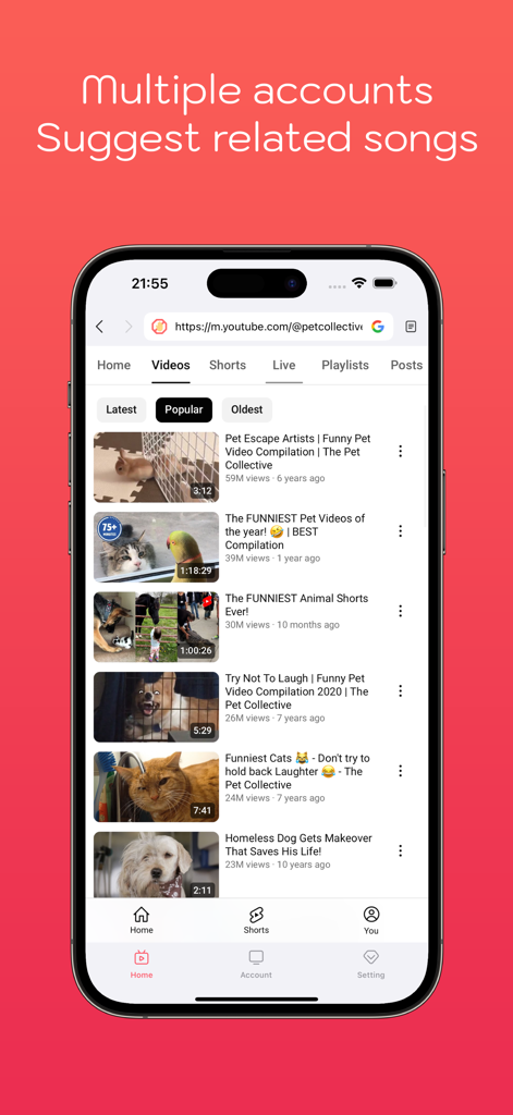 Music - Best music streaming - Pantalla de la aplicación BeatNow que muestra transmisión de video y funciones de cambio de múltiples cuentas