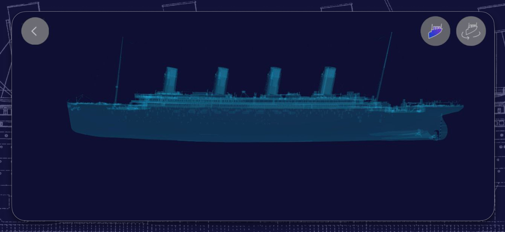 TITANIC MODEL - Detailed blue wireframe 3D model of the Titanic ship profile view