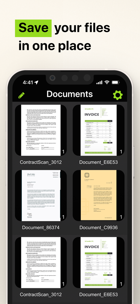 Interface d'application mobile montrant des factures et des contrats numérisés enregistrés au même endroit