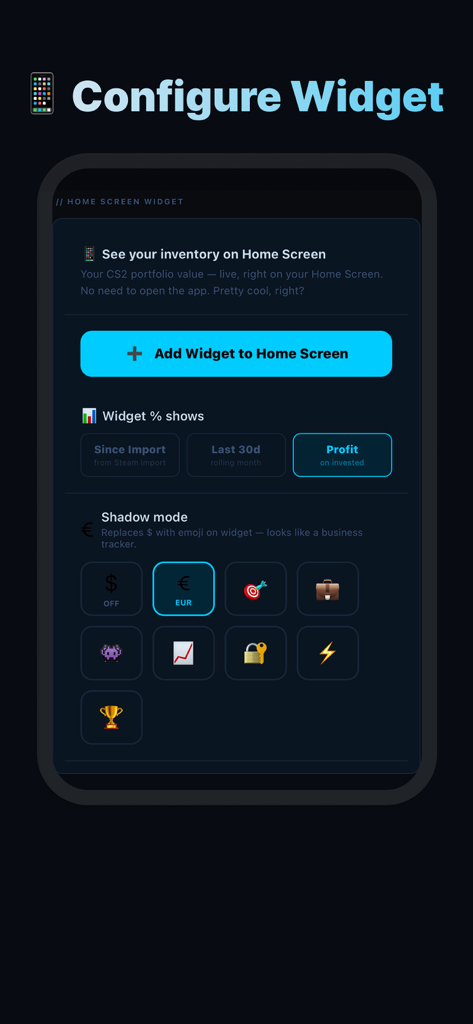Interface for configuring the Skinmanity CS2 skin portfolio home screen widget showing profit tracking and shadow mode options.
