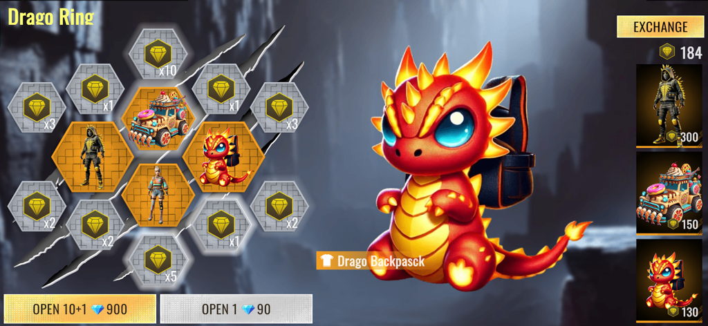 Case Simulator Fire Max gameplay showing the Drago Ring prize spin interface with a red dragon backpack and character rewards