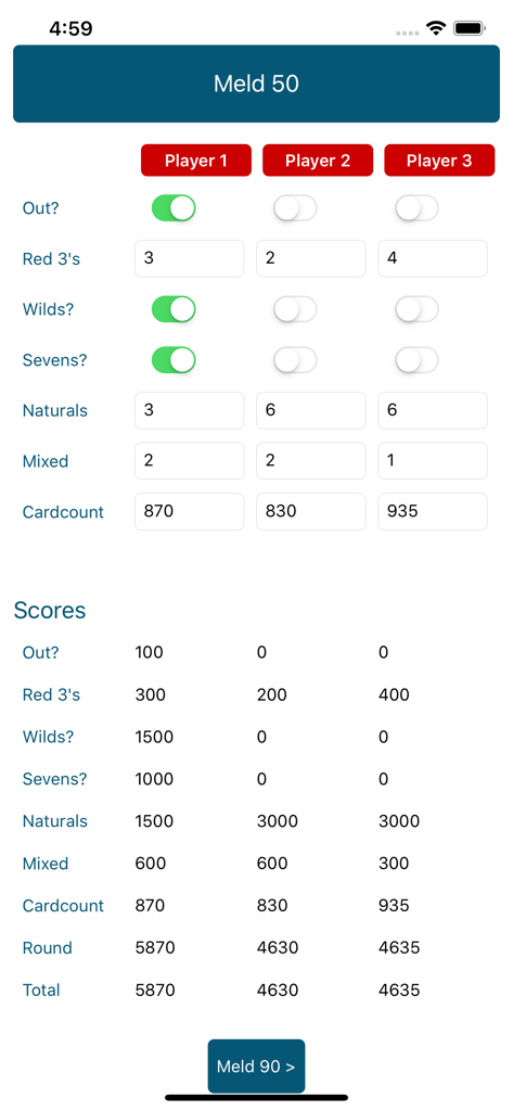Scoring screen of the Hand and Foot Calculator app displaying point tracking for three players