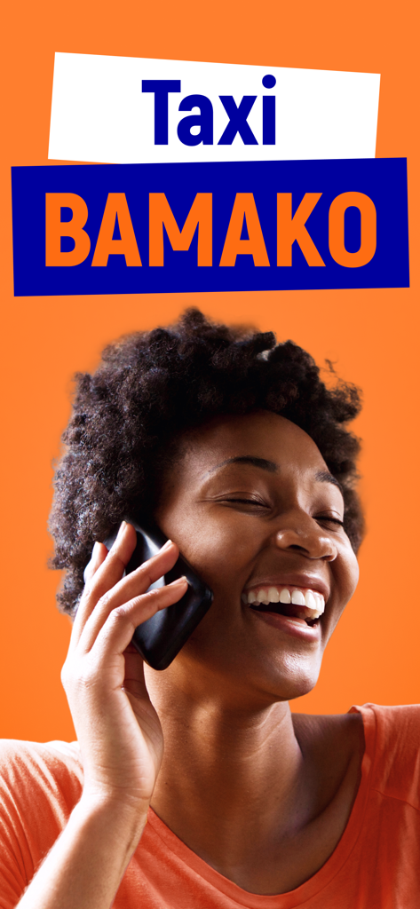 A happy woman laughing while on her phone with Taxi Bamako text overlay