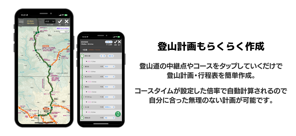 Duas telas de smartphone mostrando um mapa topográfico de trilhas e um itinerário de planejamento de rota para escalada de montanhas no Japão.