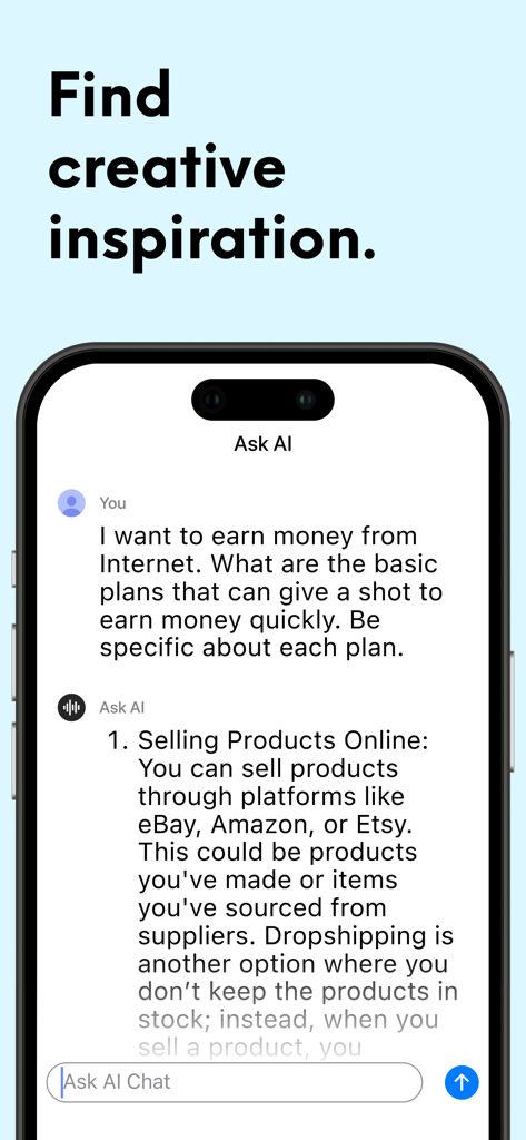 Interface de chat do aplicativo Ask AI mostrando uma conversa sobre maneiras de ganhar dinheiro online