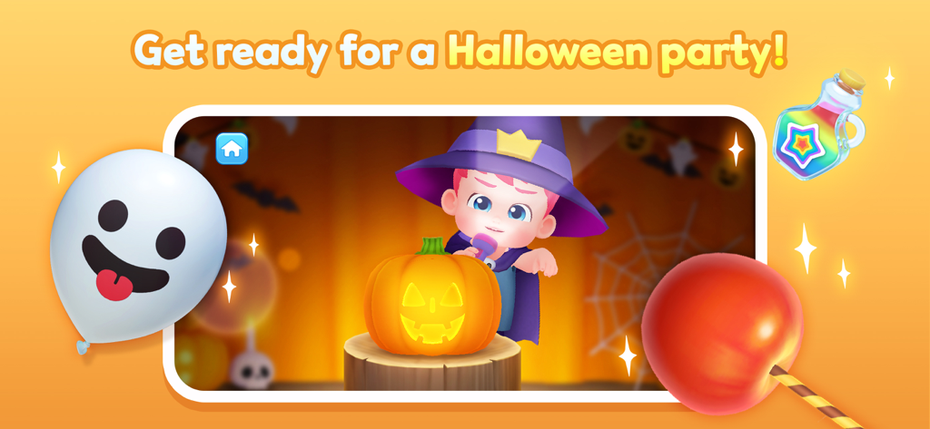 Bebefinn disfrazado con un sombrero de mago junto a una calabaza brillante para un juego de fiesta de Halloween.