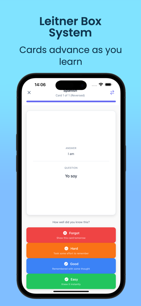 Spaced Repetition - Flashcards - Interface of Spaced Repetition Flashcards app showing the Leitner Box System with colored difficulty buttons for studying