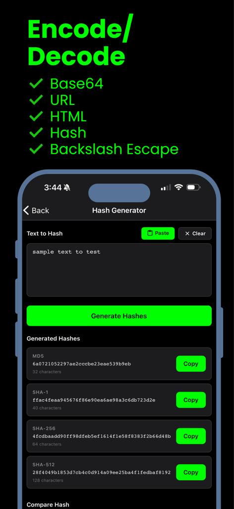 Screenshot of the Hash Generator tool in the DevKit app displaying MD5 and SHA hashes for a sample text input