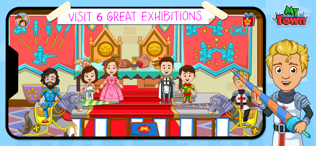 My Town : Museum History - マイタウン博物館の歴史アプリの中世の展示シーン。騎士と王族の衣装を着たキャラクターが登場します。