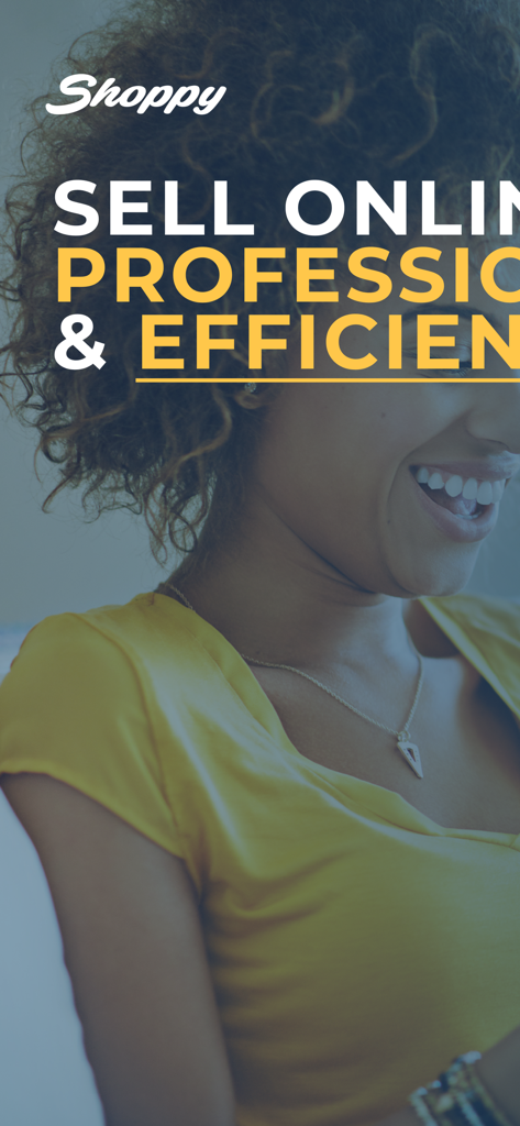 Shoppy MarketSpace Seller - Shoppy app welcome screen with a smiling woman and text about selling online professionally