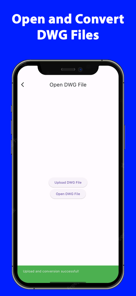CADユーティリティアプリ内でDWGファイルを開くオプションとアップロードオプションを示すiPhone画面