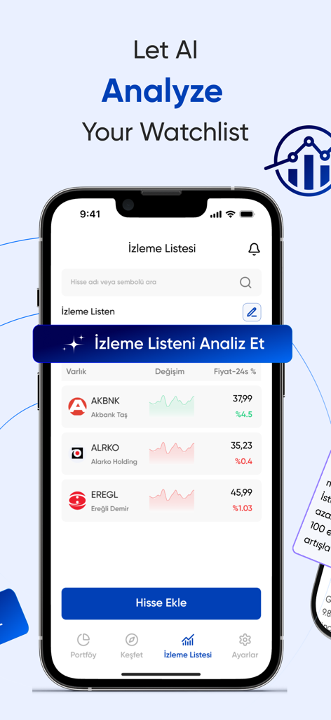 Finapp: Stock Market Analysis - Mobile app interface showing a stock market watchlist with an AI analysis feature
