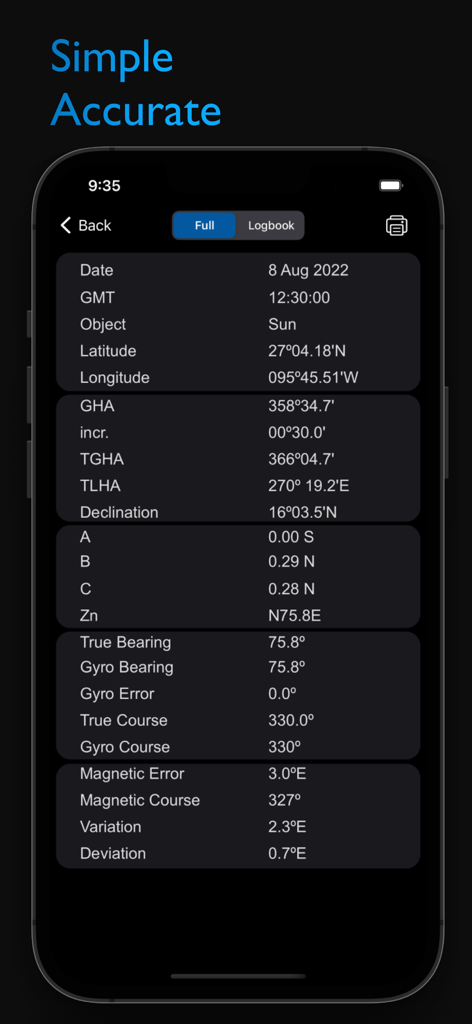 CoNav - Interfaccia dell'app CoNav che mostra dati dettagliati di navigazione celeste e calcoli dell'errore di bussola per marittimi professionisti.