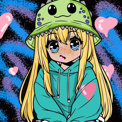 girl with anime shaped eyes with a dinosaur bucket hat oversized sweatshirt long straight hair