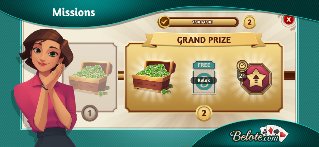 Belote.com - Coinche & Belote - Écran du Grand Prix dans l'application de jeu de cartes Belote.com présentant des jetons et des récompenses