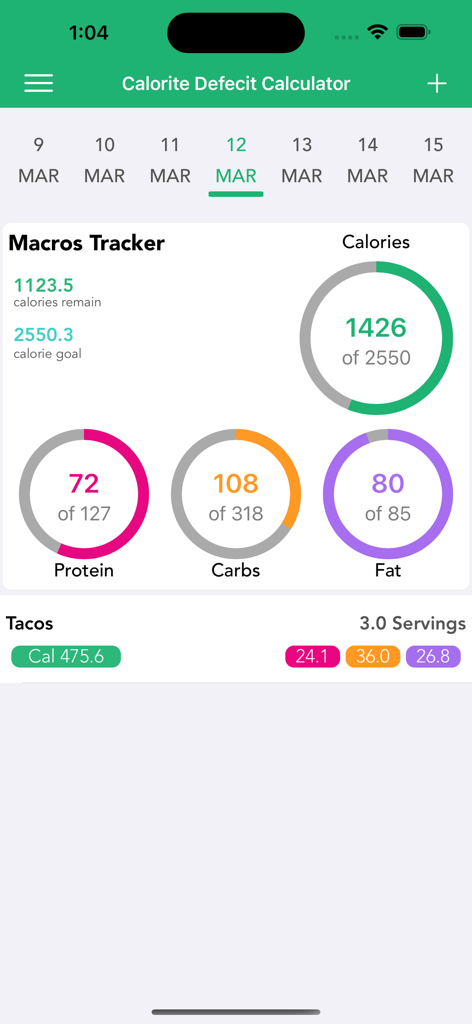 Calorie Deficit Calc & Counter - Scientific macros tracker dashboard showing calorie and nutrient progress bars