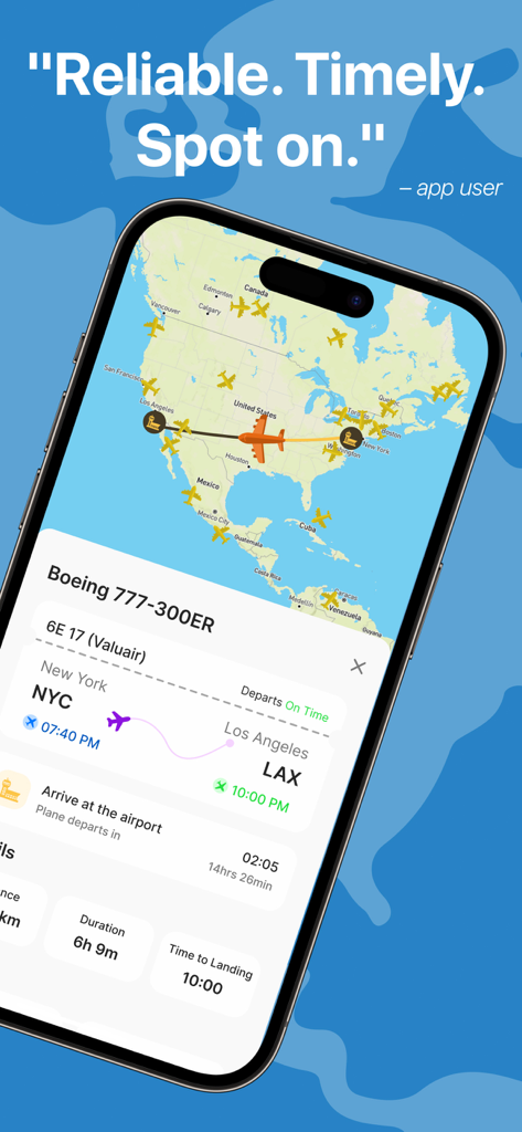Flight Tracker + Live Radar 24 - Pantalla de smartphone mostrando un mapa de radar de seguimiento de vuelos en vivo y detalles del vuelo para un Boeing 777 que vuela de Nueva York a Los Ángeles