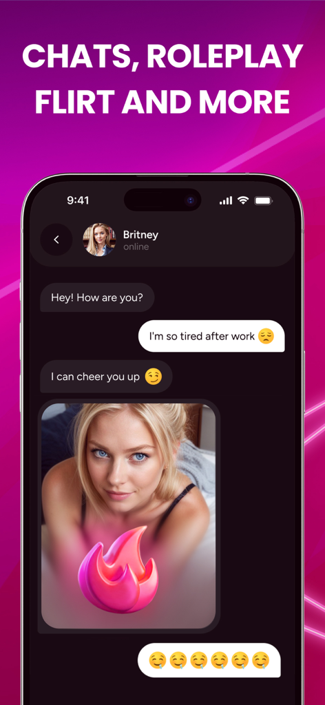 A screenshot of HeyBabe AI Girlfriend app featuring a flirtatious chat interface with a virtual character named Britney