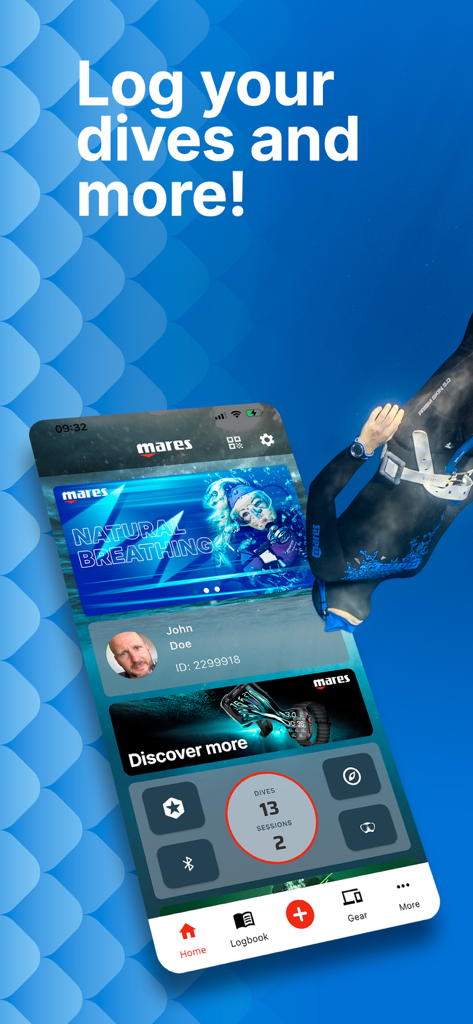 Mares App - Mares App home screen displaying user dive statistics and profile info