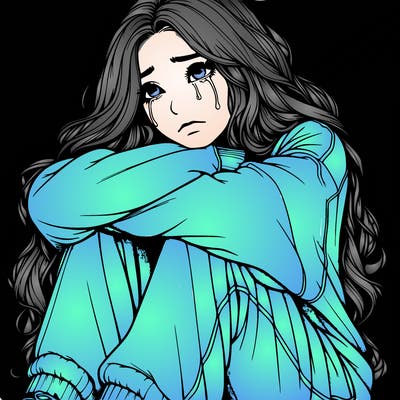 a girl with long hair wearing a sweatshirt and sweatpants.the girl is realistic and she has long hair that is also realistic.her head is on her knees and she is crying.she is sitting down and she looks sad