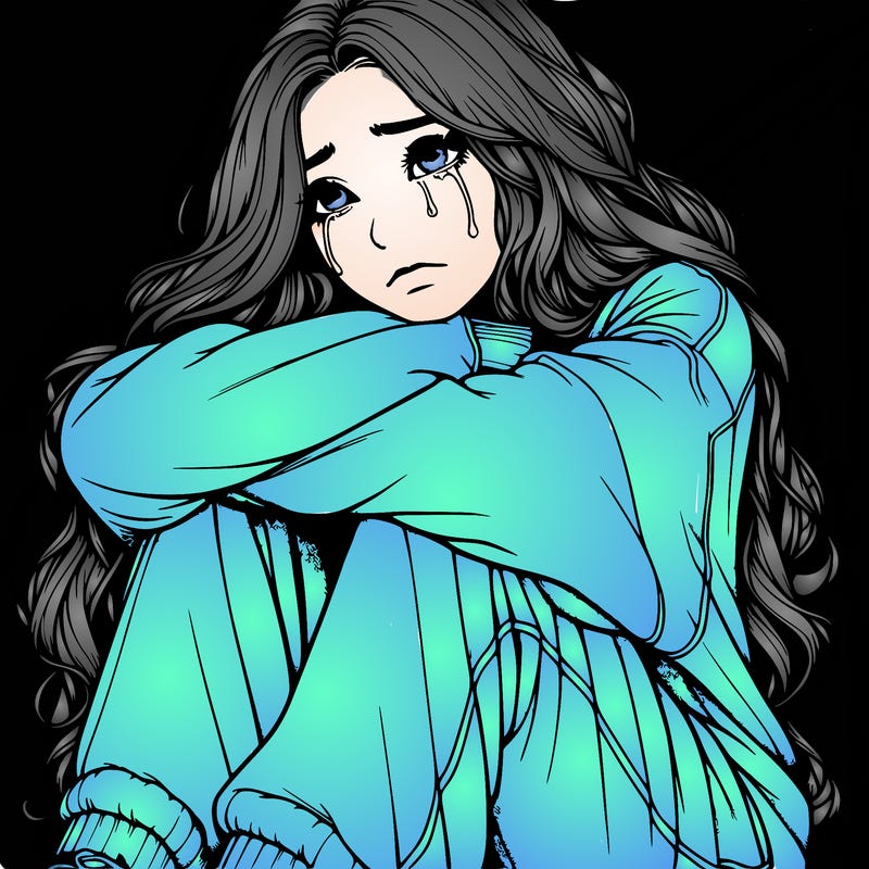 a girl with long hair wearing a sweatshirt and sweatpants.the girl is realistic and she has long hair that is also realistic.her head is on her knees and she is crying.she is sitting down and she looks sad