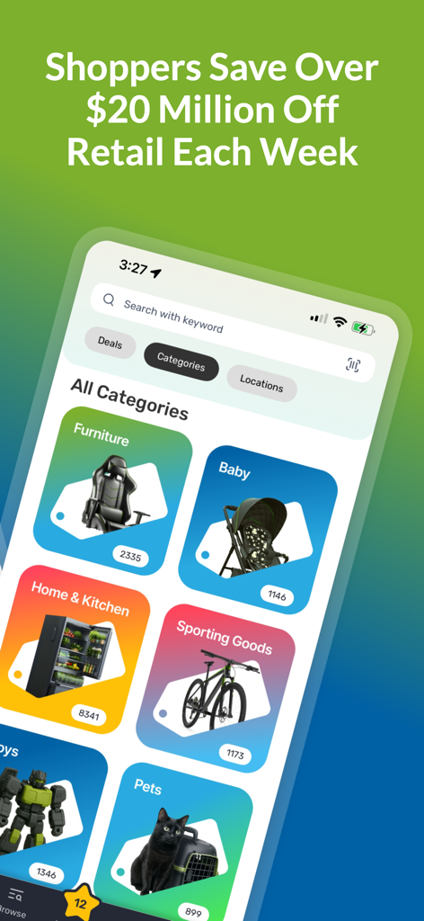 MAC.BID - Écran de l'application MAC.BID affichant diverses catégories de shopping comme les meubles, les produits pour bébé et les articles ménagers avec le nombre d'enchères actives