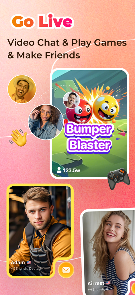 Doul app interface showing live video chat and casual mini games for making friends.