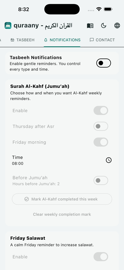 Quraany – القرآن الكريم - Notification settings screen of the Quraany app showing customizable reminders for Tasbeeh and Surah Al-Kahf.