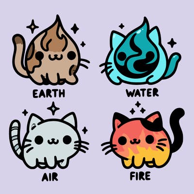 4 cats that represent the different elements, earth, water, air, and fire
