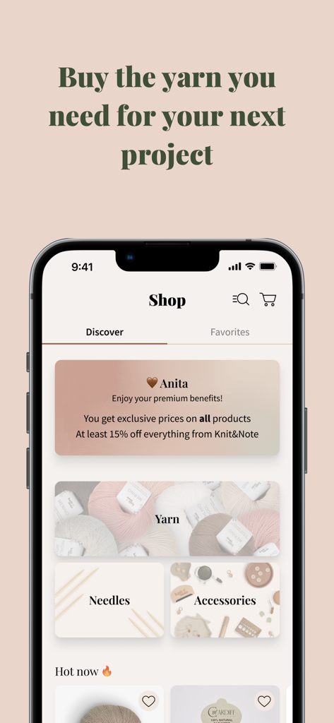 Knitandnote: Knitting App - A screenshot of the Knitandnote app shop interface showing yarn needles and accessories for knitting projects