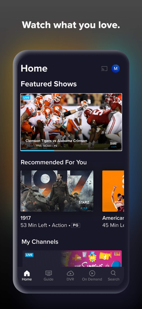 Sling TV Startbildschirm-Oberfläche mit Live-Sport und Filmen