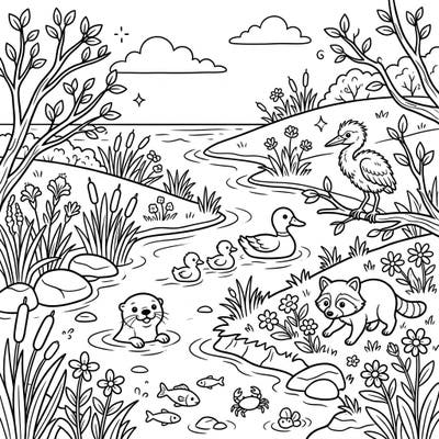 Dive into a delightful spring scene where a vibrant estuarine habitat comes to life with charming animals. This intricate coloring page invites you to explore the beauty of nature's renewal at the water's edge.