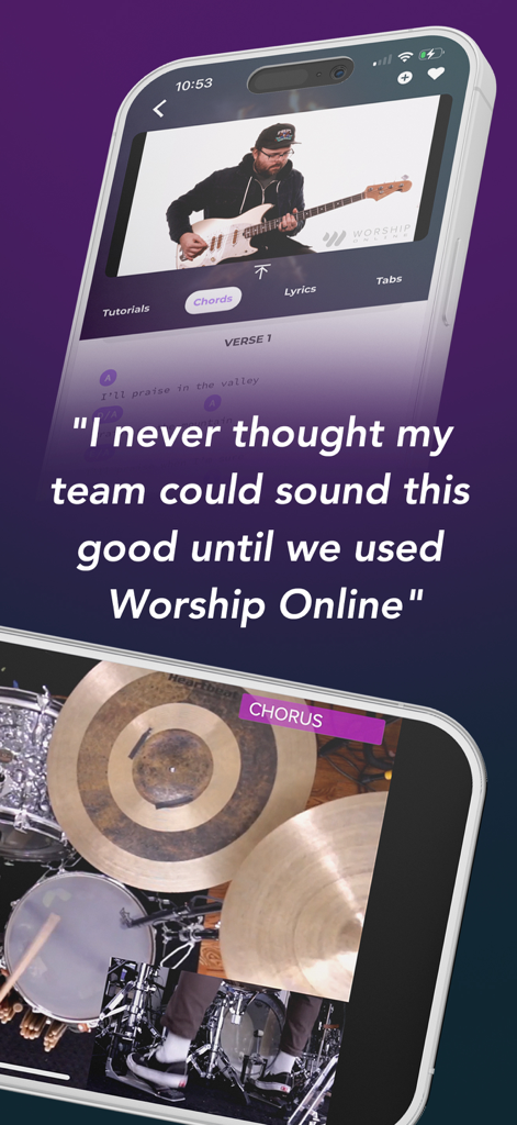 Worship Online - Worship Online app screens showing video tutorials for bass guitar and drums with a testimonial quote
