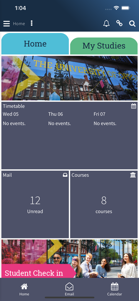 The myWLV app home screen displaying a student timetable mail count and course overview